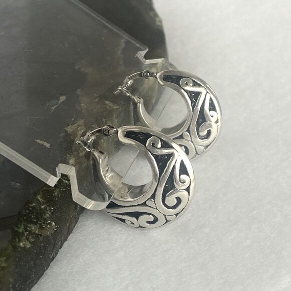 Sterling Silver 925 1" Scrollwork Bali Style Chunky Hoop Earrings Hinged Post - Picture 1 of 16